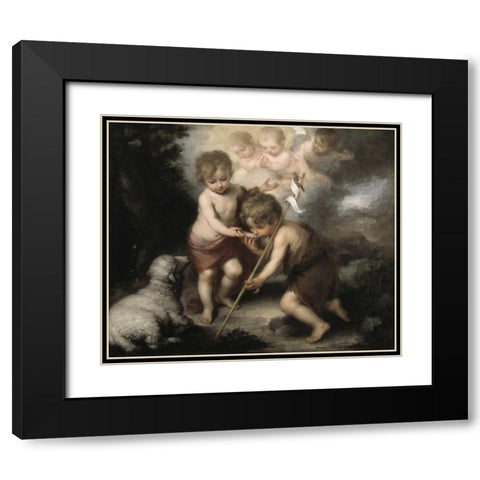 Jesus and John The Baptist: Children W/ Shell Black Modern Wood Framed Art Print with Double Matting by Murillo, Bartolome Esteban