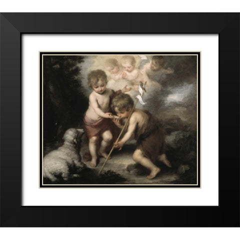 Jesus and John The Baptist: Children W/ Shell Black Modern Wood Framed Art Print with Double Matting by Murillo, Bartolome Esteban