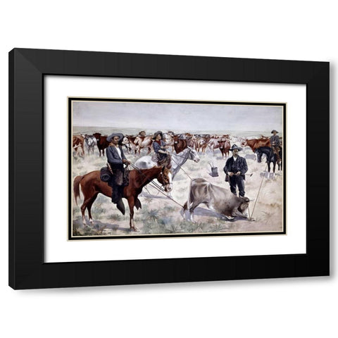 Branding a Steer Black Modern Wood Framed Art Print with Double Matting by Remington, Frederic