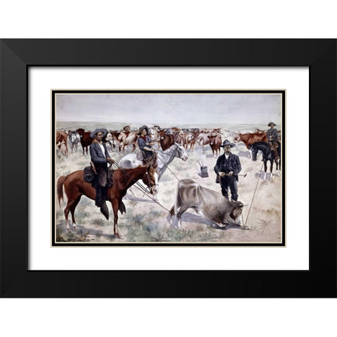 Branding a Steer Black Modern Wood Framed Art Print with Double Matting by Remington, Frederic