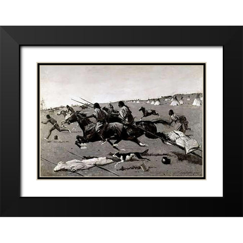 Indian Village Routed, Geronimo Fleeing From Camp Black Modern Wood Framed Art Print with Double Matting by Remington, Frederic