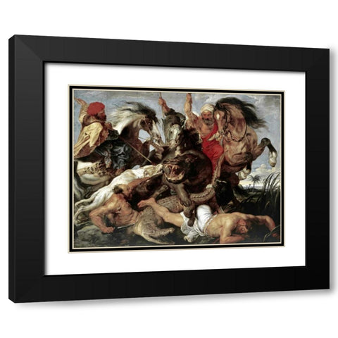 Hippo Hunt Black Modern Wood Framed Art Print with Double Matting by Rubens, Peter Paul