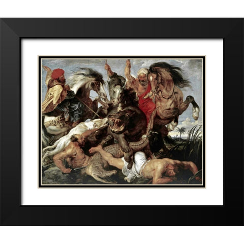 Hippo Hunt Black Modern Wood Framed Art Print with Double Matting by Rubens, Peter Paul