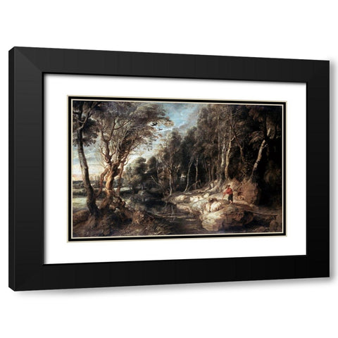 Shepherd With His Flock Black Modern Wood Framed Art Print with Double Matting by Rubens, Peter Paul