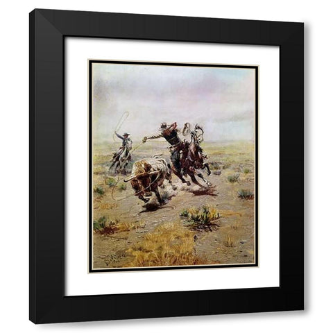 Cowboy Roping a Steer Black Modern Wood Framed Art Print with Double Matting by Russell, Charles