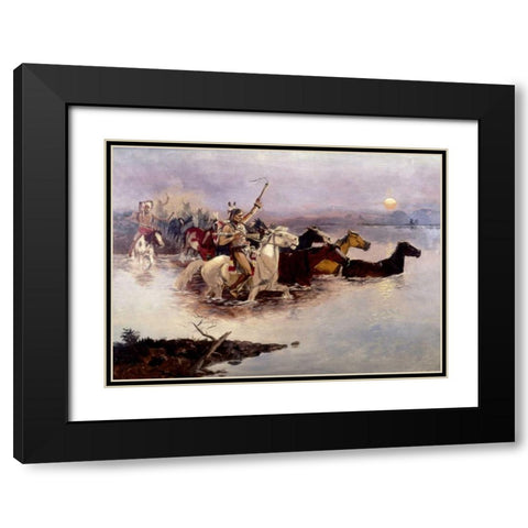 Crossing The River Black Modern Wood Framed Art Print with Double Matting by Russell, Charles M.
