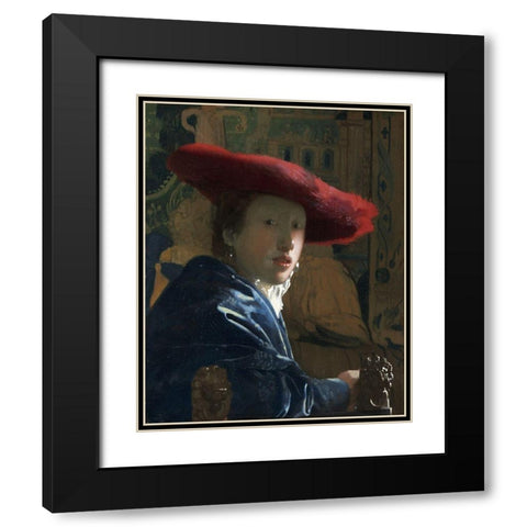 Girl with a Red Hat Black Modern Wood Framed Art Print with Double Matting by Vermeer, Johannes