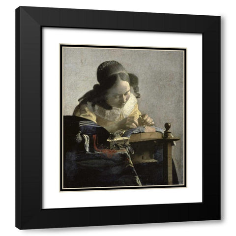 The Lacemaker Black Modern Wood Framed Art Print with Double Matting by Vermeer, Johannes