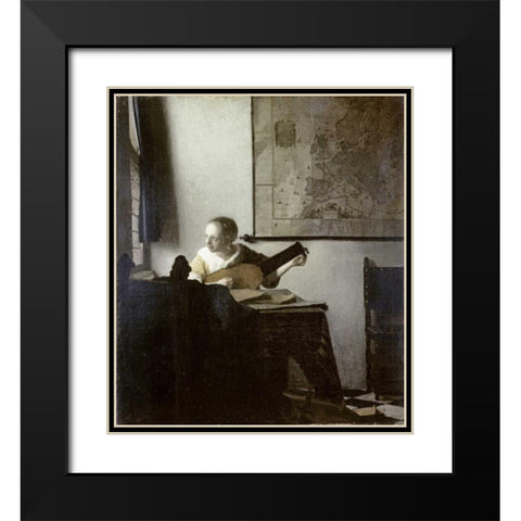 The Lute Player Black Modern Wood Framed Art Print with Double Matting by Vermeer, Johannes