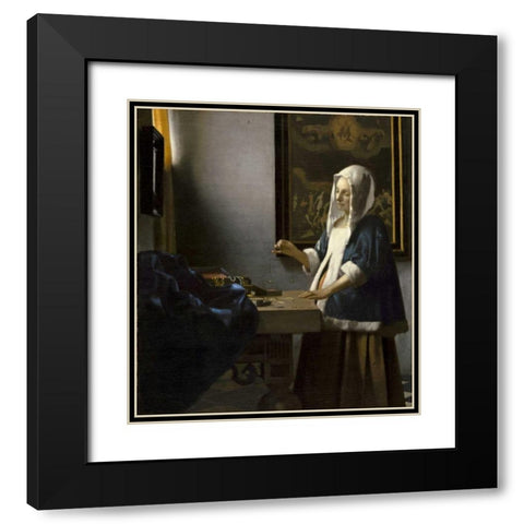 Woman Holding a Balance Black Modern Wood Framed Art Print with Double Matting by Vermeer, Johannes