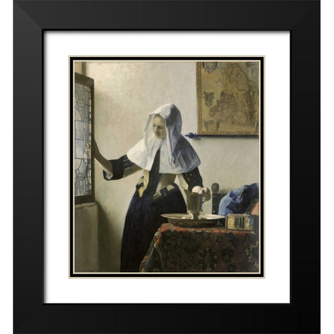 Woman with a Water Jug Black Modern Wood Framed Art Print with Double Matting by Vermeer, Johannes