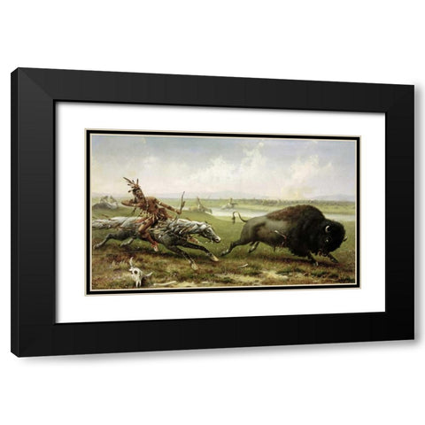 Buffalo Hunt Black Modern Wood Framed Art Print with Double Matting by Walker, Frederick
