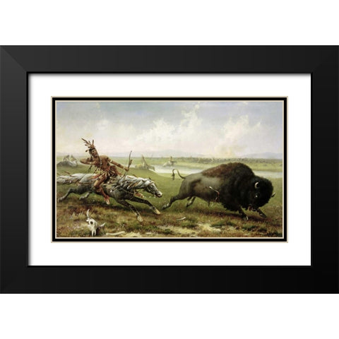 Buffalo Hunt Black Modern Wood Framed Art Print with Double Matting by Walker, Frederick