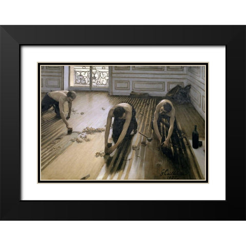 The Floor Scrapers Black Modern Wood Framed Art Print with Double Matting by Caillebotte, Gustave