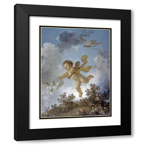 Love Reaching for a Dove Black Modern Wood Framed Art Print with Double Matting by Fragonard, Jean Honore