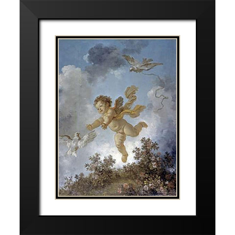 Love Reaching for a Dove Black Modern Wood Framed Art Print with Double Matting by Fragonard, Jean Honore