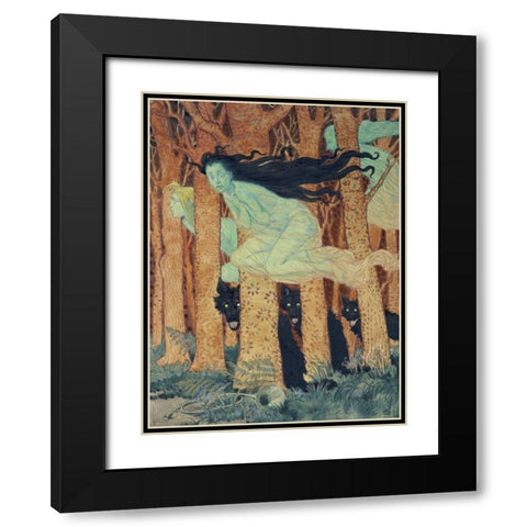 Three Women and Three Wolves Black Modern Wood Framed Art Print with Double Matting by Grasset, Eugene