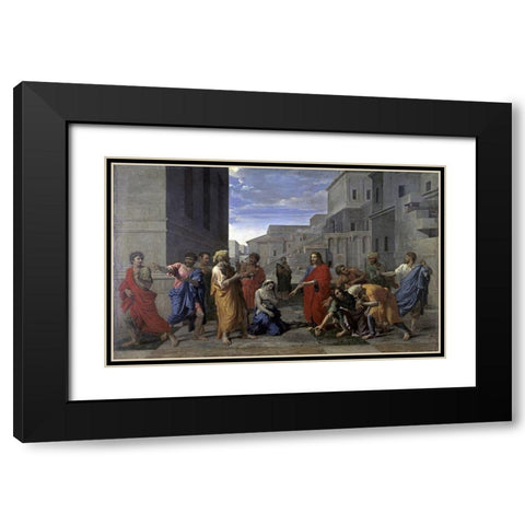Christ and the Woman Taken in Adultery Black Modern Wood Framed Art Print with Double Matting by Poussin, Nicolas