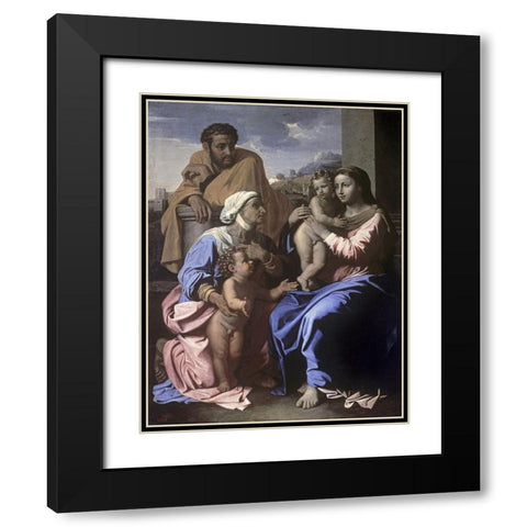 The Holy Family with John the Baptist and St. Elizabeth Black Modern Wood Framed Art Print with Double Matting by Poussin, Nicolas