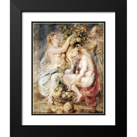 Ceres and Two Nymphs with a Cornucopia Black Modern Wood Framed Art Print with Double Matting by Rubens, Peter Paul