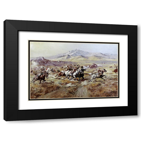 Stagecoach Attack Black Modern Wood Framed Art Print with Double Matting by Russell, Charles M.