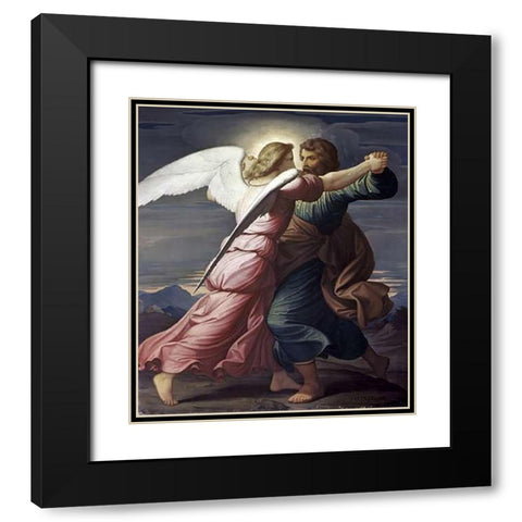 Jacob Wrestles with an Angel Black Modern Wood Framed Art Print with Double Matting by Steinle, Edward Jakob