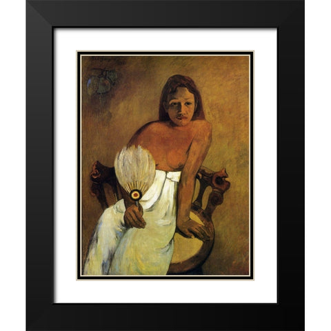 Girl With A Fan Black Modern Wood Framed Art Print with Double Matting by Gauguin, Paul