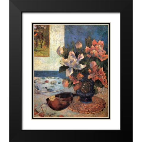 Still Life With Peonies And Mandolin Black Modern Wood Framed Art Print with Double Matting by Gauguin, Paul