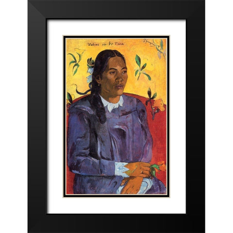 Woman With A Flower Black Modern Wood Framed Art Print with Double Matting by Gauguin, Paul
