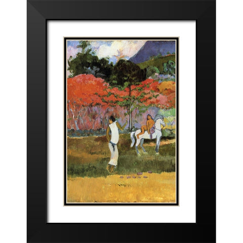 Women And White Horse Detail Black Modern Wood Framed Art Print with Double Matting by Gauguin, Paul
