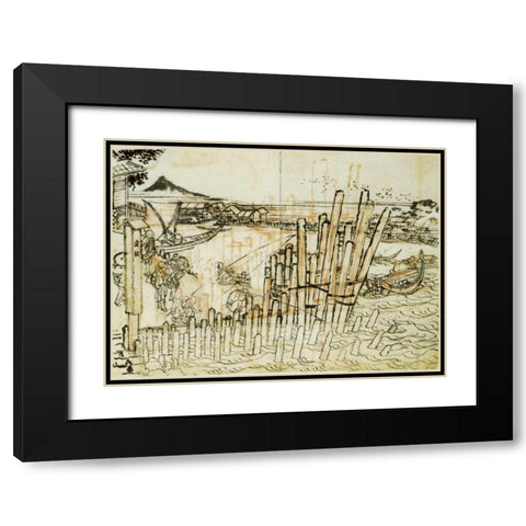 Fishing At Shimadagahana 1833 Black Modern Wood Framed Art Print with Double Matting by Hokusai