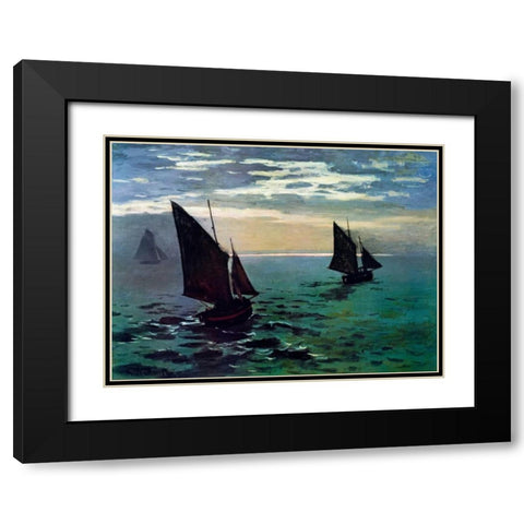 Boats Leaving The Harbor Black Modern Wood Framed Art Print with Double Matting by Monet, Claude