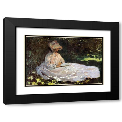 Camille Reading 1872 Black Modern Wood Framed Art Print with Double Matting by Monet, Claude