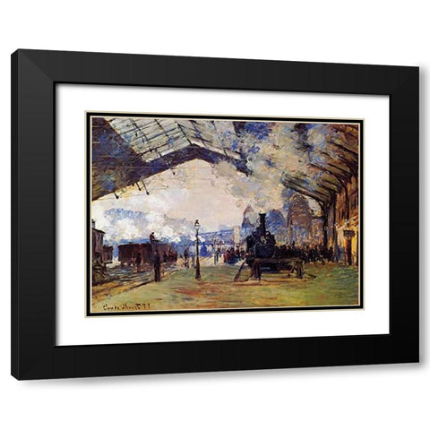 St Lazare Station The Arrival Of The Train From Normandy Black Modern Wood Framed Art Print with Double Matting by Monet, Claude