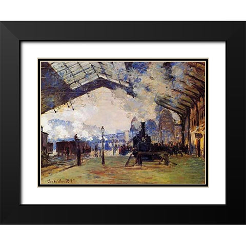 St Lazare Station The Arrival Of The Train From Normandy Black Modern Wood Framed Art Print with Double Matting by Monet, Claude