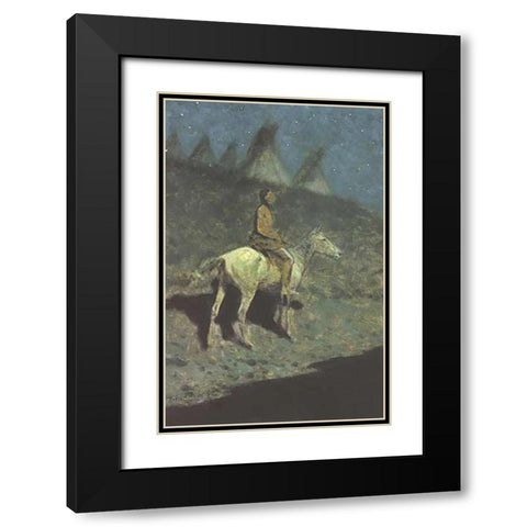 Indian In The Moonlight Black Modern Wood Framed Art Print with Double Matting by Remington, Frederic