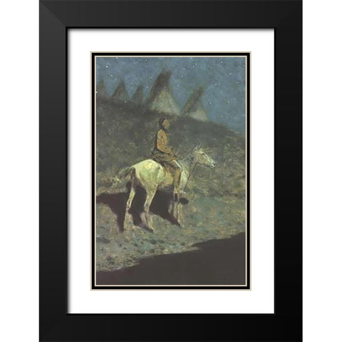 Indian In The Moonlight Black Modern Wood Framed Art Print with Double Matting by Remington, Frederic