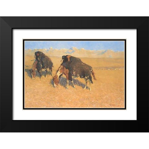 Indians Simulating Buffalo Black Modern Wood Framed Art Print with Double Matting by Remington, Frederic