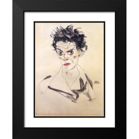 Self Portrait Bust Black Modern Wood Framed Art Print with Double Matting by Schiele, Egon
