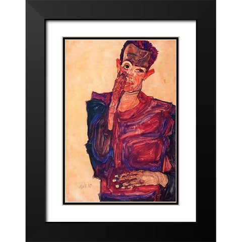 Self Portrait With Hand To Cheek Black Modern Wood Framed Art Print with Double Matting by Schiele, Egon