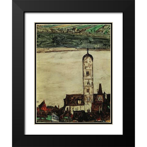 Stein On The Danube From The Kreuzberg 1913 Black Modern Wood Framed Art Print with Double Matting by Schiele, Egon