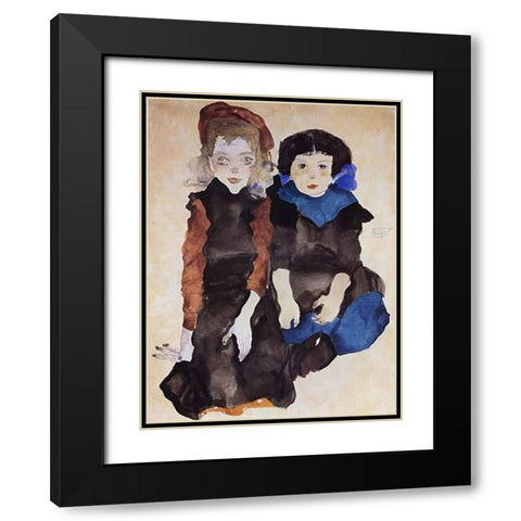Two Little Girls Black Modern Wood Framed Art Print with Double Matting by Schiele, Egon