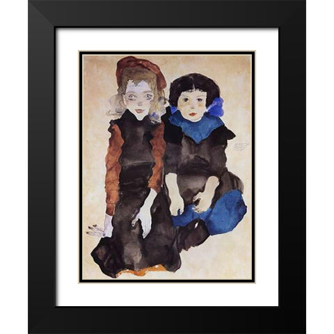 Two Little Girls Black Modern Wood Framed Art Print with Double Matting by Schiele, Egon