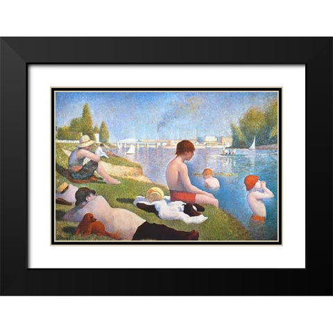 Bathing At Asnieres Black Modern Wood Framed Art Print with Double Matting by Seurat, Georges