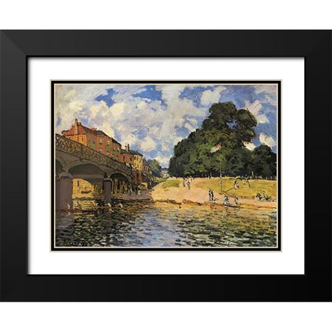 Bridge At Hampton Court Black Modern Wood Framed Art Print with Double Matting by Sisley, Alfred