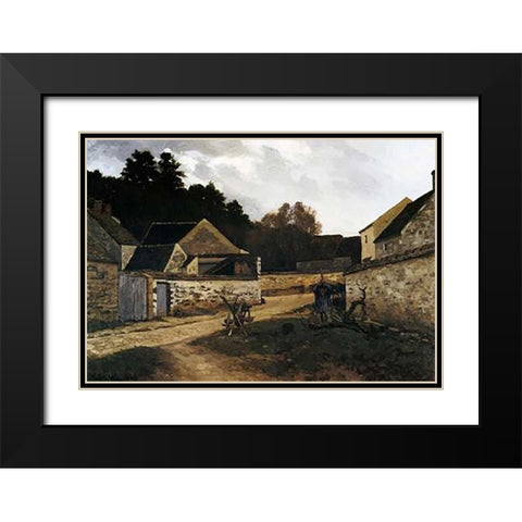 Village Street In Marlotte Black Modern Wood Framed Art Print with Double Matting by Sisley, Alfred