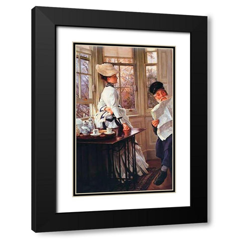 Reading The News Black Modern Wood Framed Art Print with Double Matting by Tissot, James