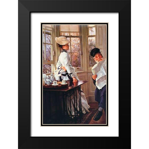 Reading The News Black Modern Wood Framed Art Print with Double Matting by Tissot, James