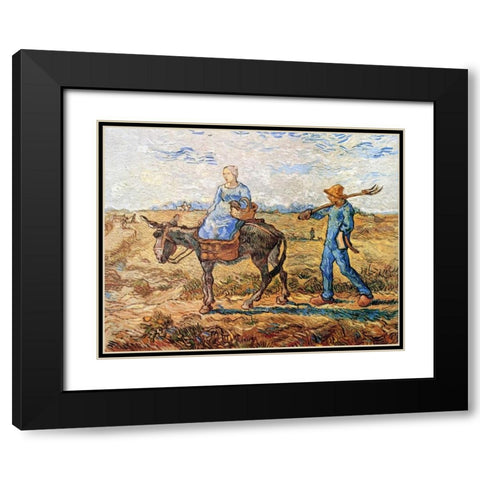 Morning Peasant Couple To Work Black Modern Wood Framed Art Print with Double Matting by Van Gogh, Vincent
