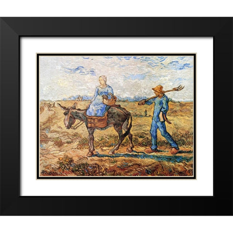 Morning Peasant Couple To Work Black Modern Wood Framed Art Print with Double Matting by Van Gogh, Vincent